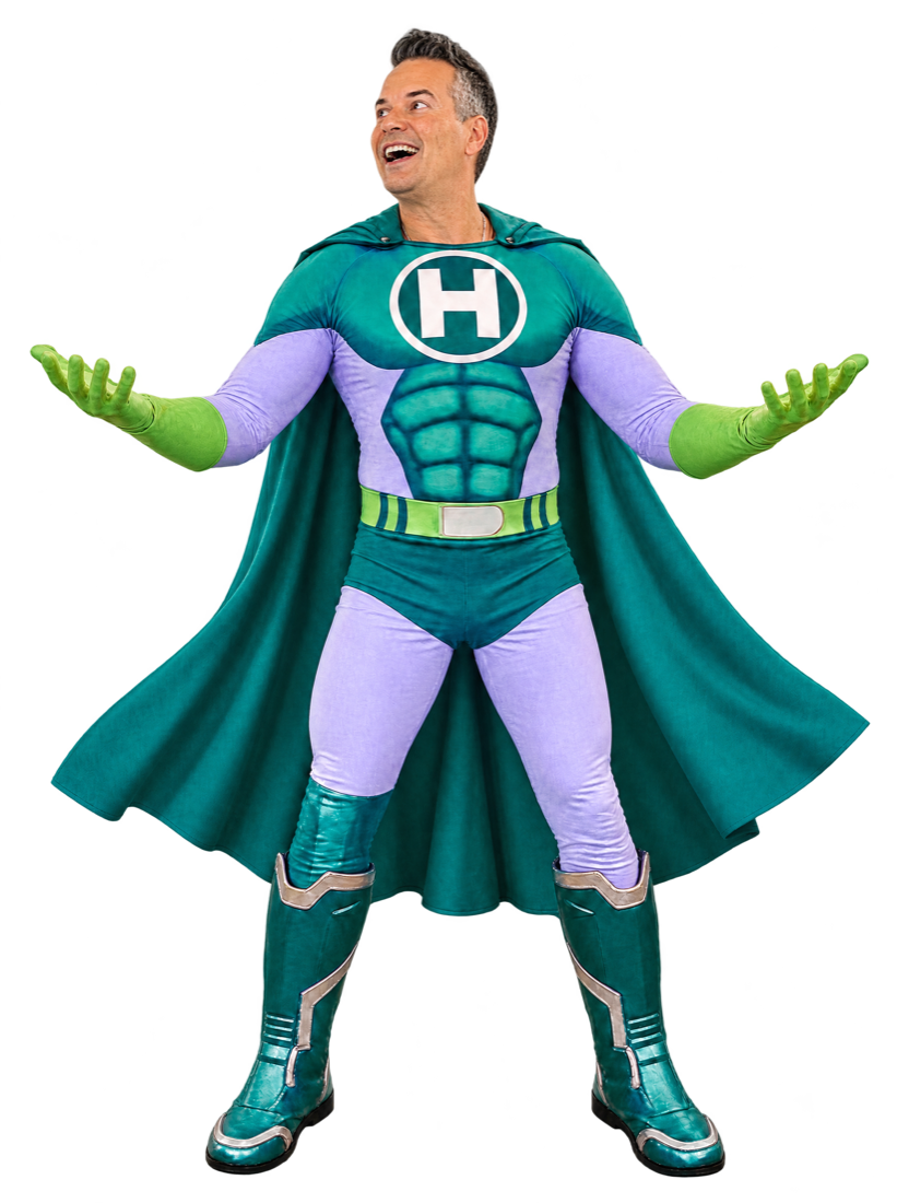 Mark Itskowitch as Super-Human looking up at Adobe and HeyGen app icons floating above his hands